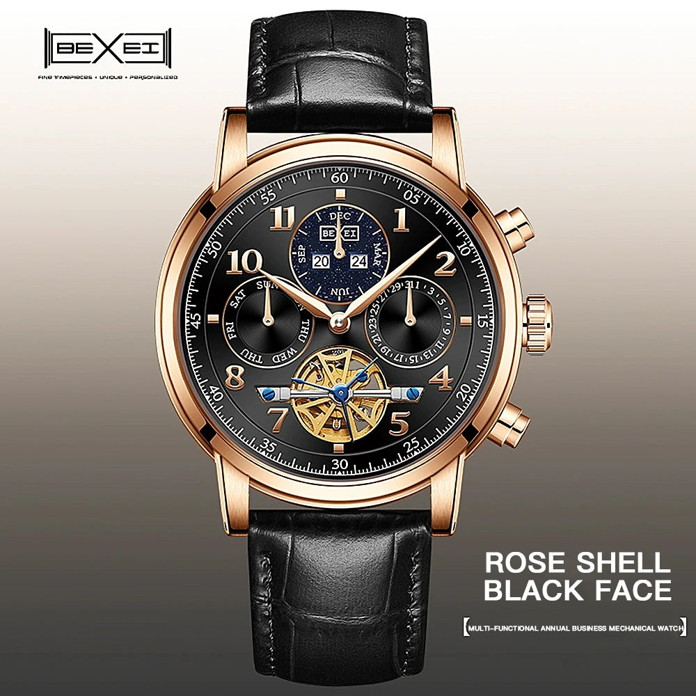 BEXEI 2025 Perpetual Calendar Automatic Watch Waterproof Mens Watches Top Brand Luxury Tourbillon Mechanical Watches for Man