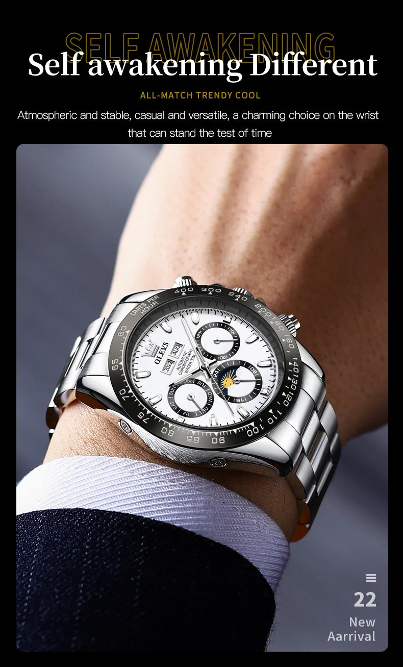 OLEVS 6654 Mens Watch Chronograph Automatic Mechanical Wristwatch Light Luxury Waterproof Luminous Function Brand Watch for Man