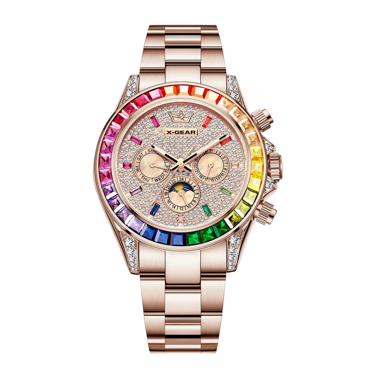 Luxury Men's Rose Gold Watch Colorful Gemstone Bezel 6-Pin Display Waterproof Mechanical Watch for Elegant Fashion