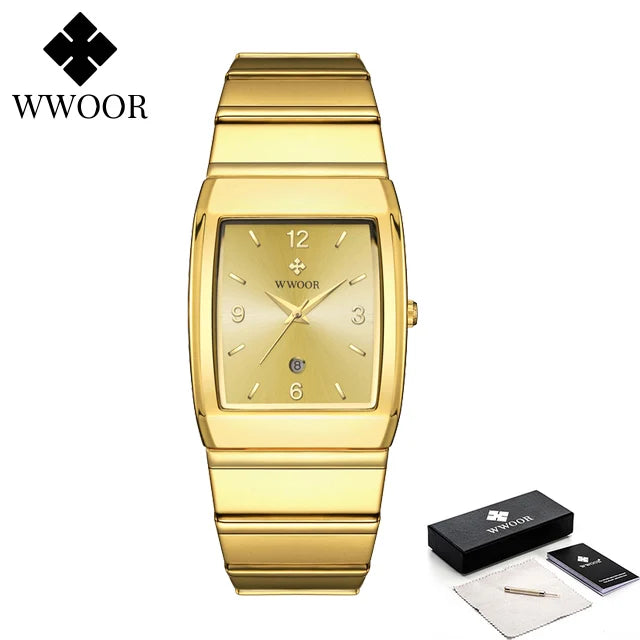 Relogio Masculino WWOOR New Man's Square Watch For Men with Automatic Date Luxury Stainless Steel Gold Mens Quartz Wrist Watches