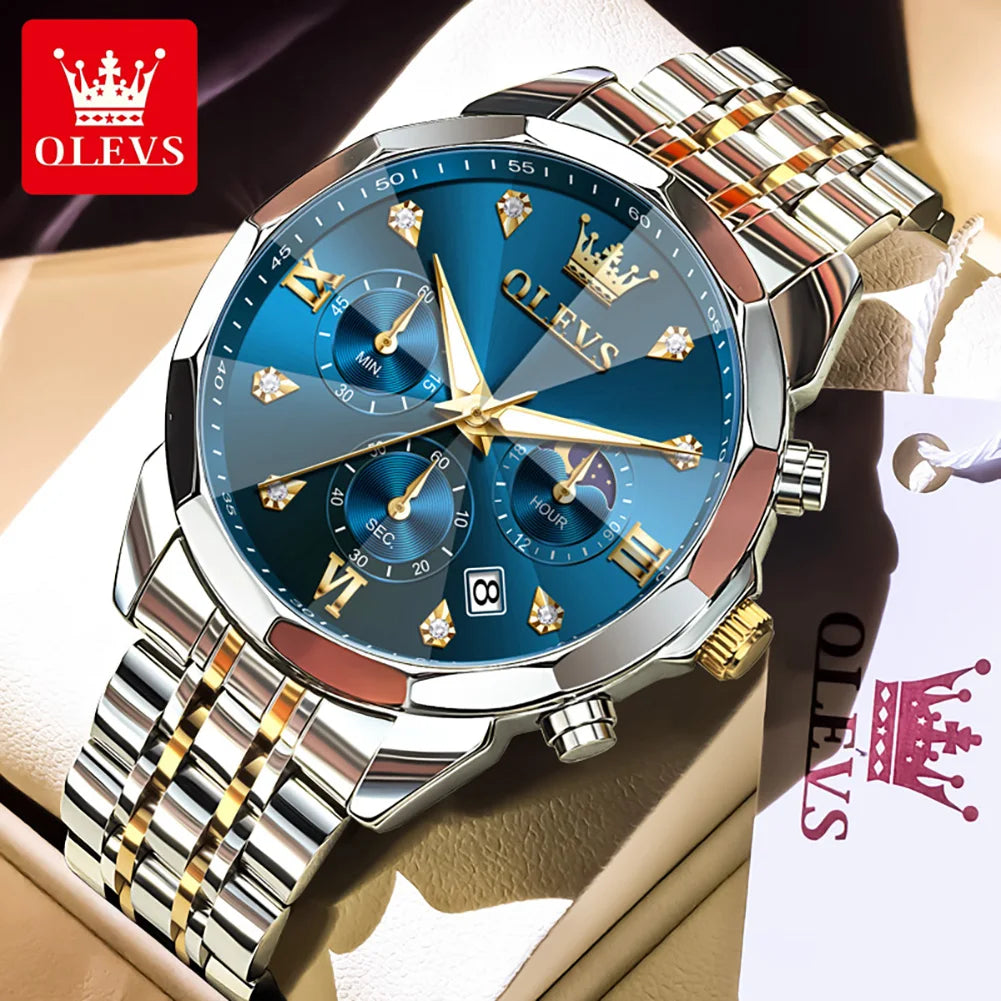 OLEVS 3670 Men's Watches Solid Steel Strap Rhombus Mirror 24Hour Moon Phase Waterproof Luminous Chronograph Quartz Watch for Men