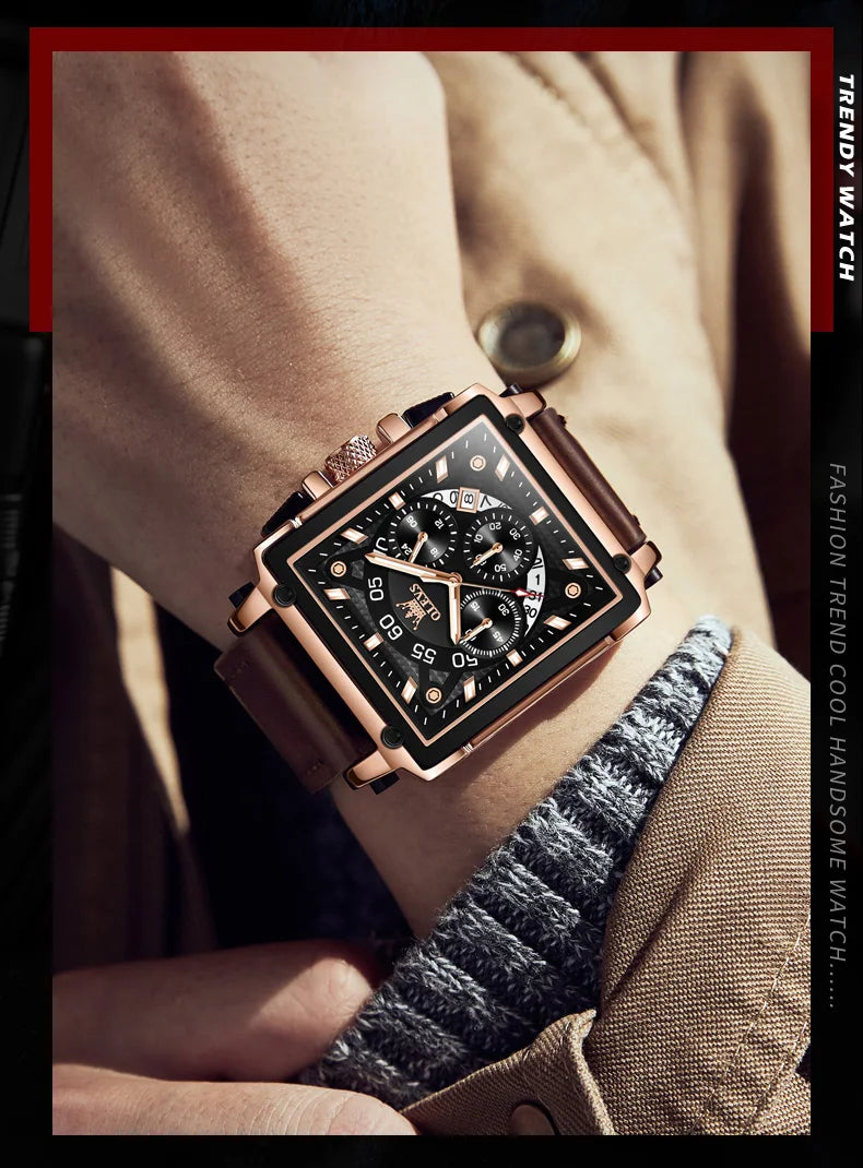 OLEVS 9919 Men Watch Fashion Square Dial Leather Strap Chronograph Waterproof Sports Clock Luxury Original Quartz Wristwatch Man