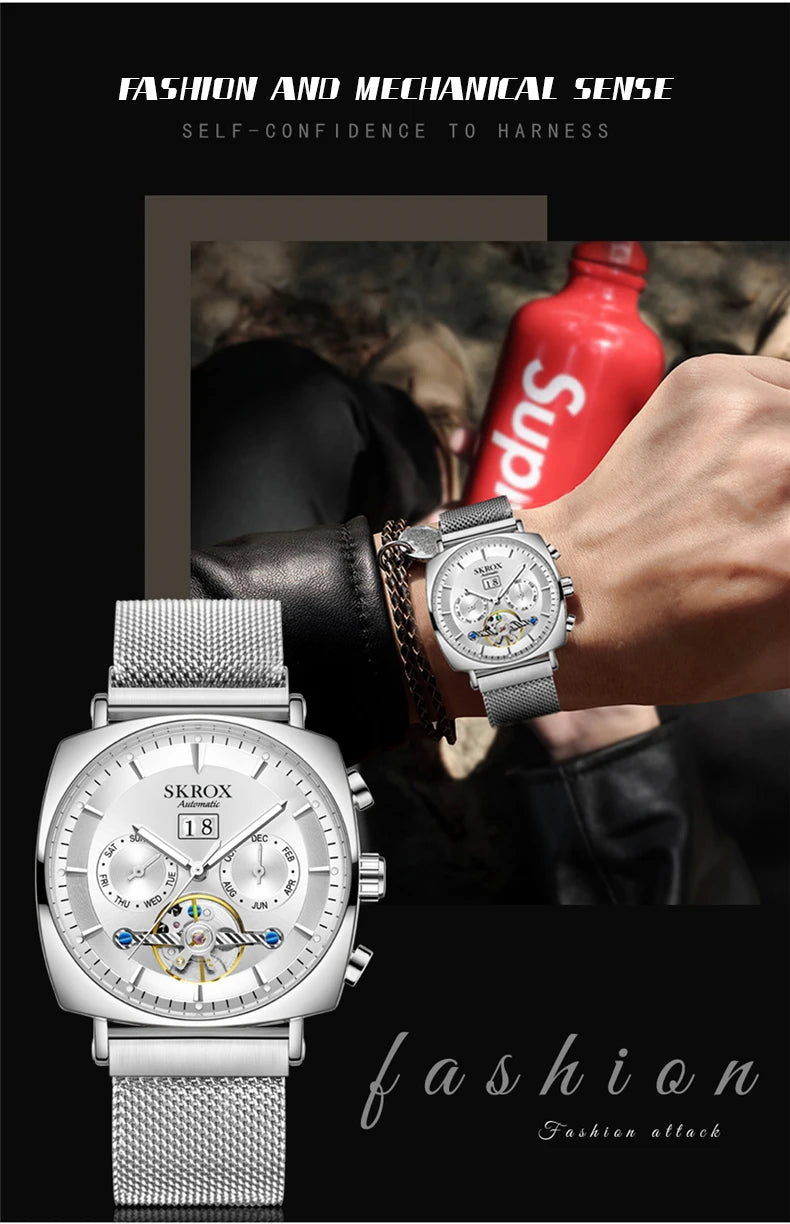 SKROX Square Tourbillon Automatic Movement Man Watch Mechanical Male Wristwatches Original Brand High-End Luxury Clockwork reloj