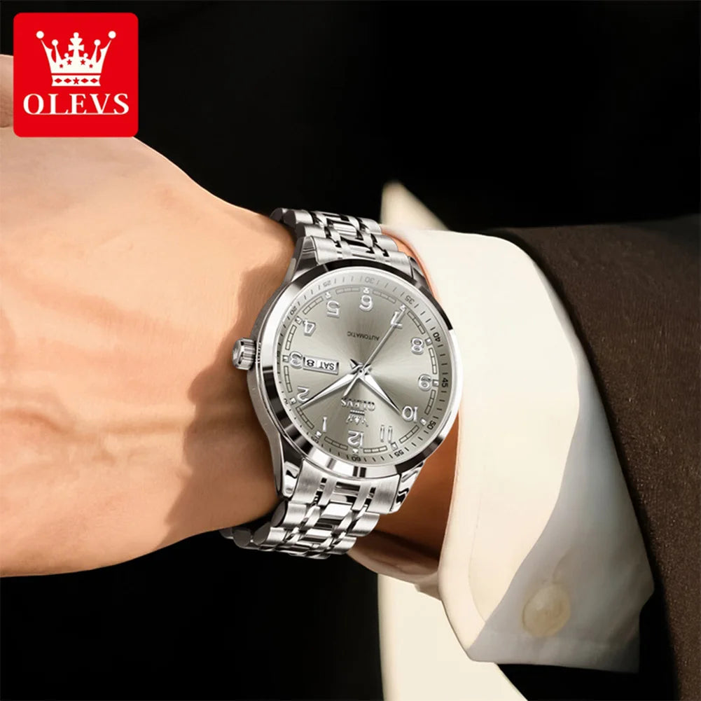 OLEVS Luxury Watch For Men automatic mechanical Wristwatches Classic Men Watch Waterproof Gray Dial Luxury Brand Date Week 7077