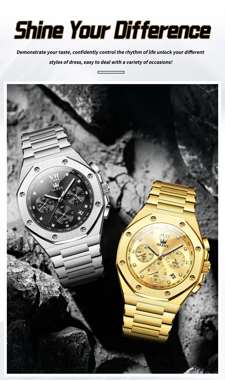 OLEVS Men's Watches Classic Luxury Top Brand Fine Steel Original Quartz Wristwatch for Man Waterproof Luminous Date Chronograph