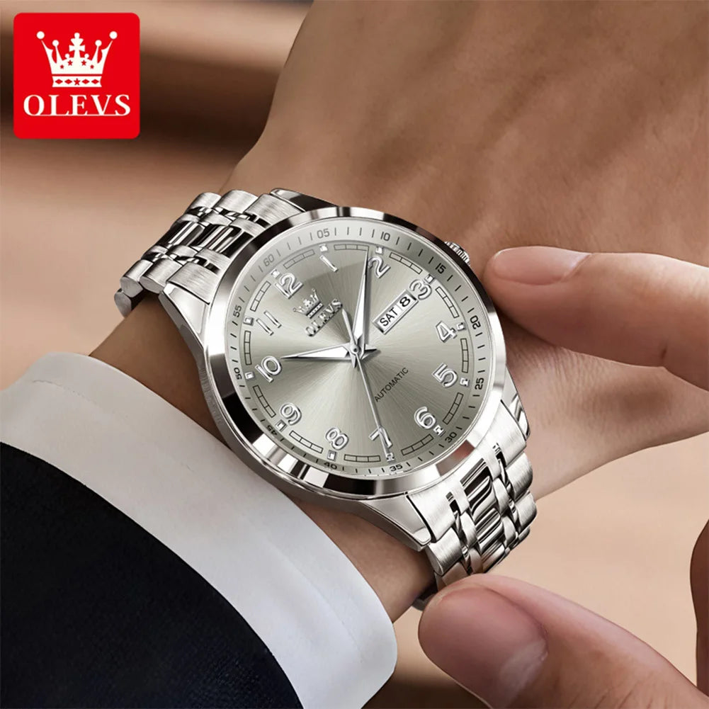 OLEVS Luxury Watch For Men automatic mechanical Wristwatches Classic Men Watch Waterproof Gray Dial Luxury Brand Date Week 7077