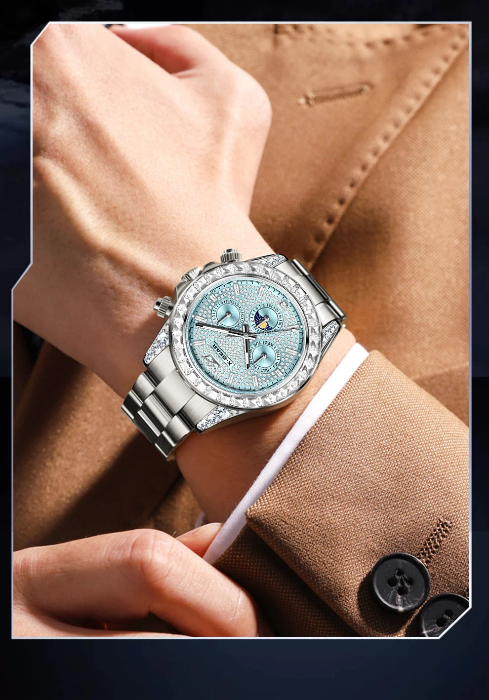 X-GEAR Men's Watch Automatic Mechanical with Diamond Dial Luminous Moon Phase Water-Resistant (Gift)