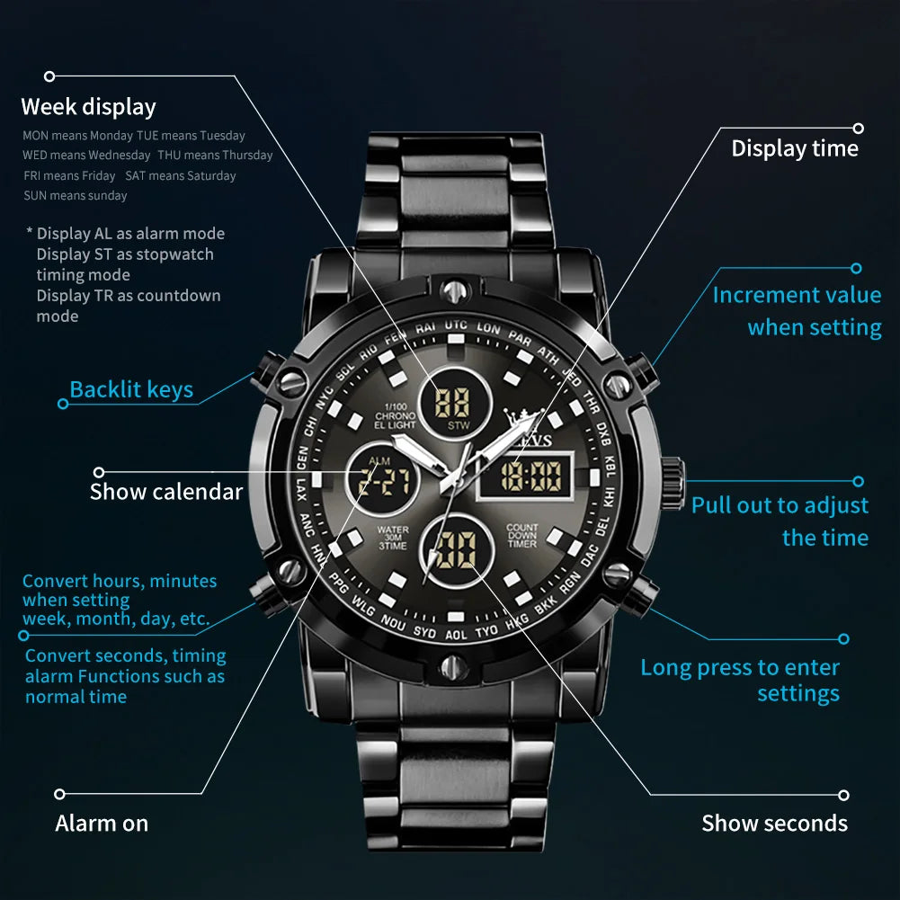 OLEVS 2024 New Mens Watches Top Brand Luxury Sport Digital Quartz Wristwatch For Men All Steel Military Waterproof Clock+Box