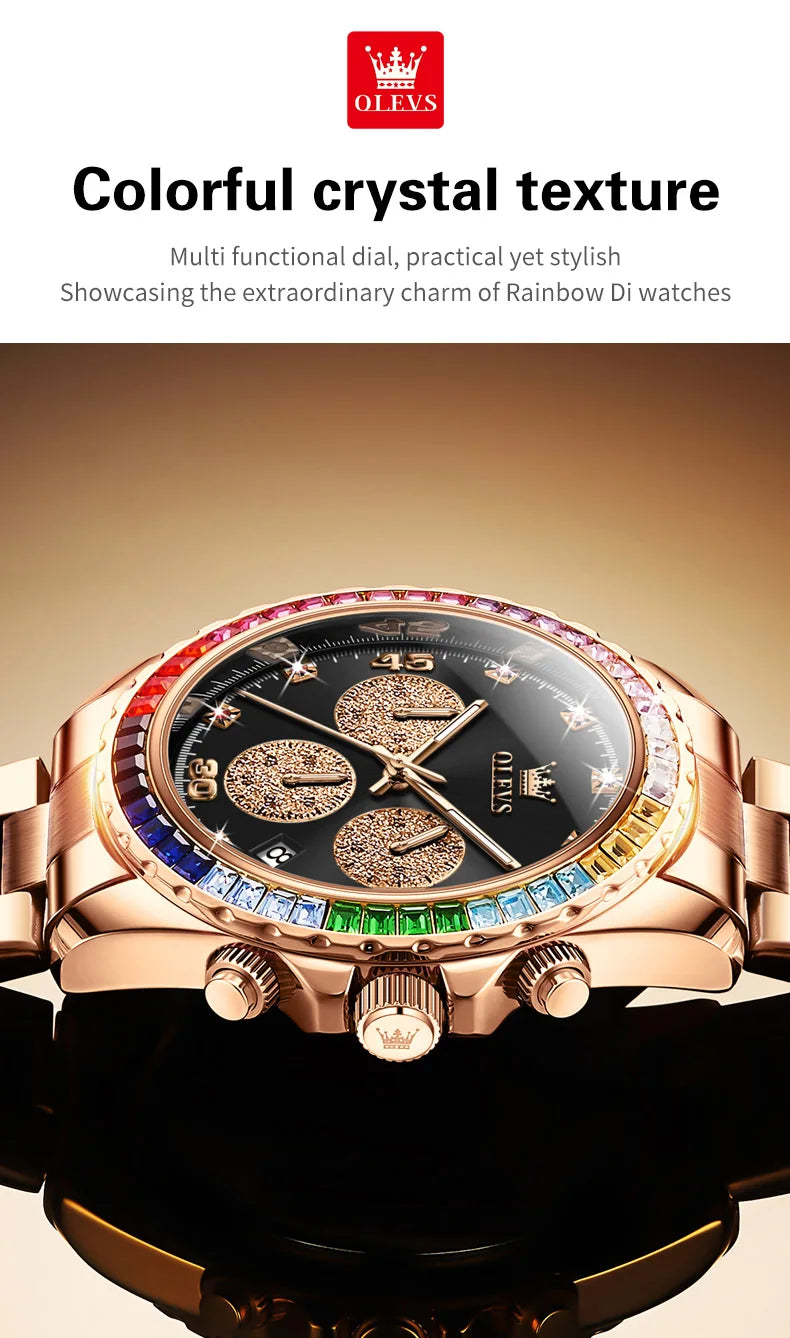 Watches For Men OLEVS Original Rainbow Gem Light Rose Gold Luxury Series Quartz Watch Waterproof Steel Strap Men's Watch New