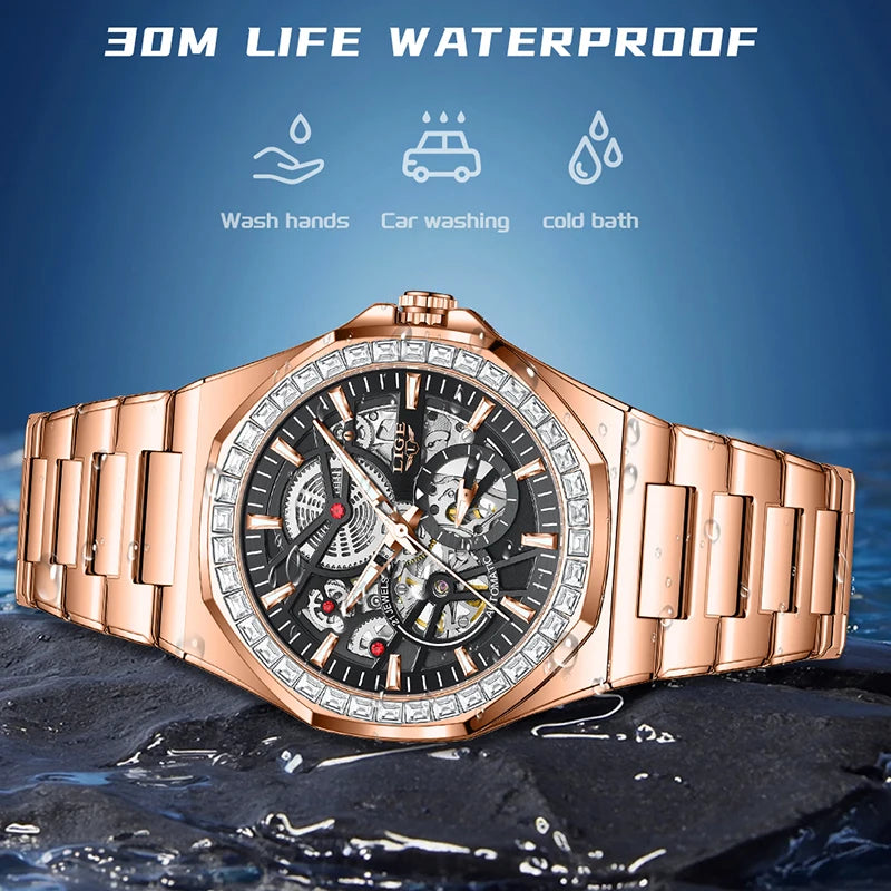 LIGE New Luxury Rose Gold Waterproof Watches For Men Casual Business Watch Men Luminous Automatic Men's Mechanical Wristwatch