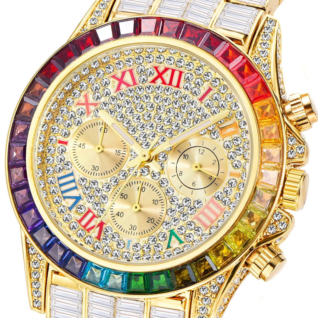 Chronograph Men Quartz Watches Waterproof Rainbow Diamond Luxury Iced Out Watches For Men Gift Dropshipping uhren für herren