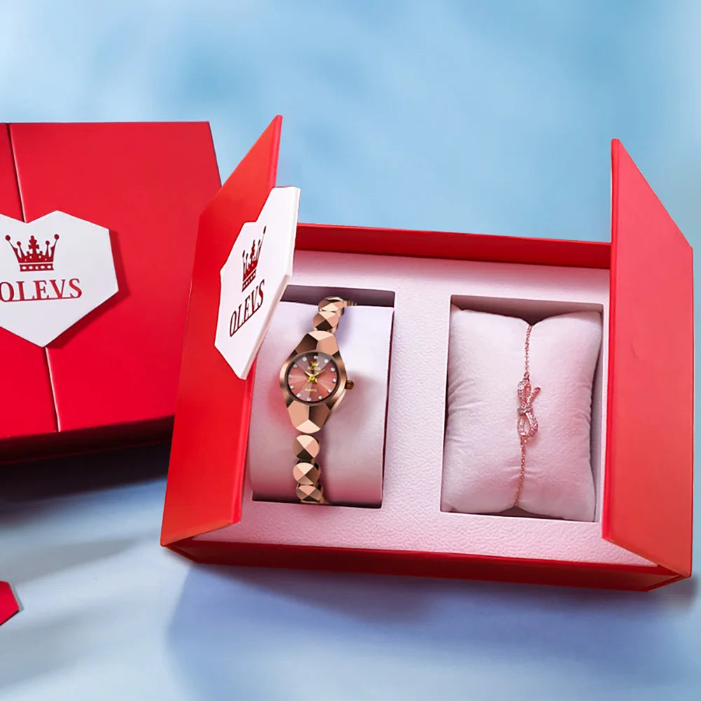 OLEVS 7007 Ladies Watches Original Quartz Wristwatch Rhombus Mirror Diamond Scale Tungsten Steel Watch for Women Bracelet Set