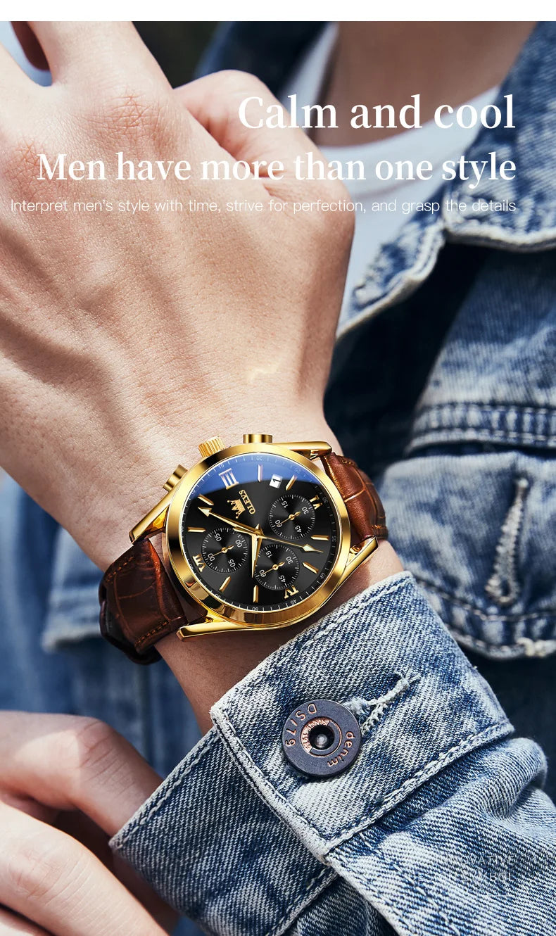 OLEVS 2872 Chronograph Men's Wristwatches Leather Strap Waterproof Luminous Original Quartz Watch for Men Luxury Sport Man Watch