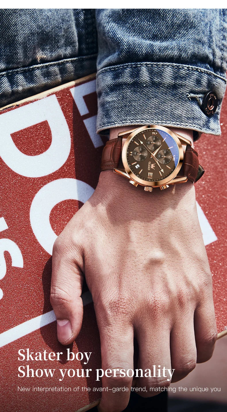 OLEVS 2872 Chronograph Men's Wristwatches Leather Strap Waterproof Luminous Original Quartz Watch for Men Luxury Sport Man Watch