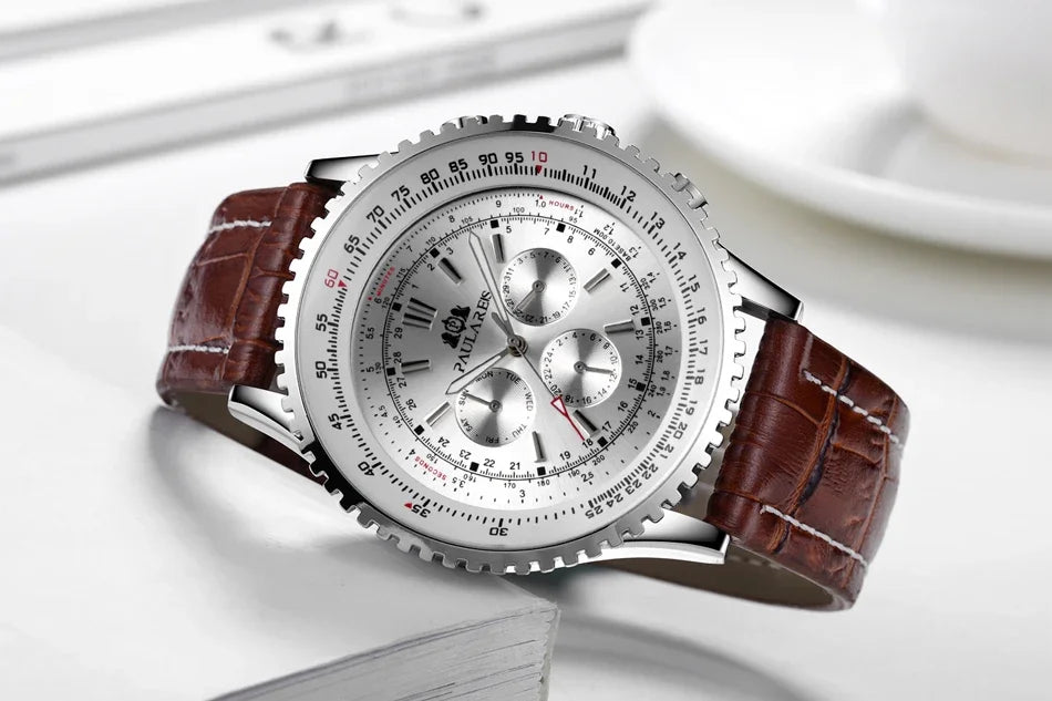 Automatic Watch for Men Mechanical Stainless Steel Black Brown Blue Leather Strap Sports Big 50mm Reloj Hombre Baratos