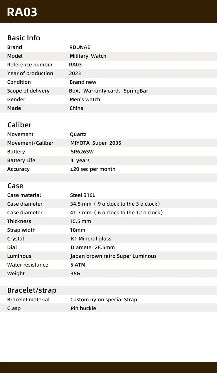 RDUNAE 2024New RA03 Vintage Quartz Watch Personalization man miyota super 2035 waterproof luminous reloj hombre watches for men