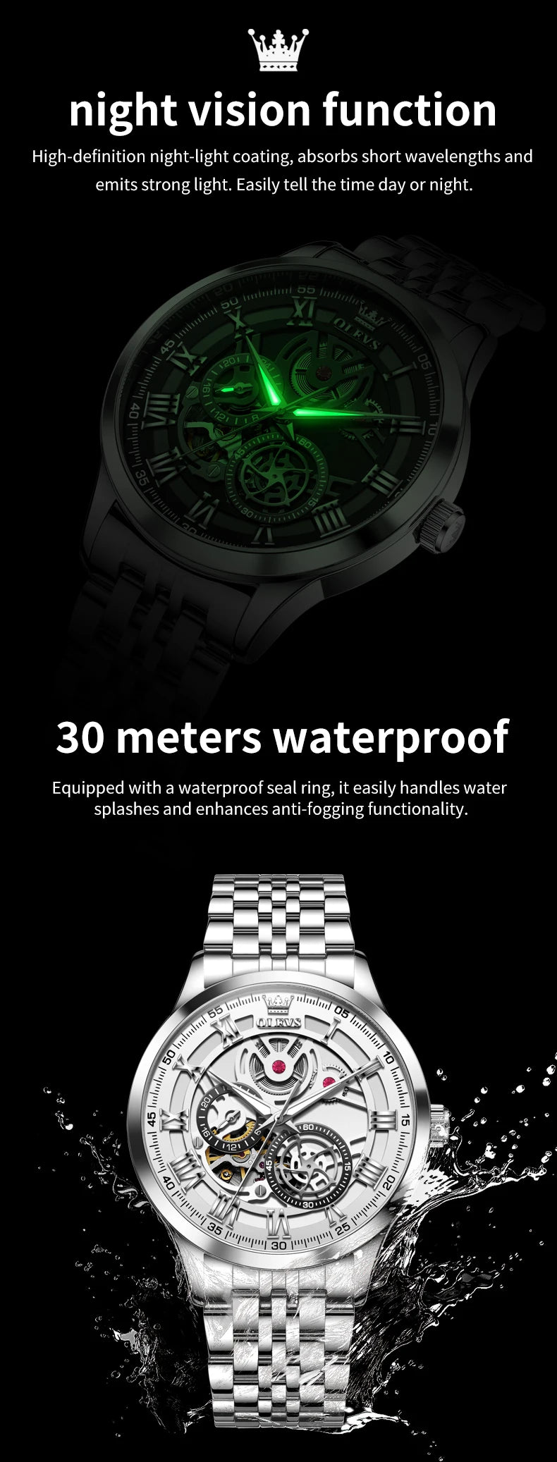 OLEVS 7076 Mechanical Watch for Men Waterproof Skeleton Chronograph Sports Fashion Wristwatch Man Hand Clock