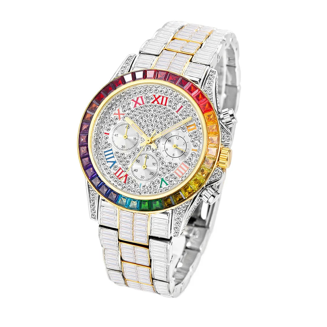 Chronograph Men Quartz Watches Waterproof Rainbow Diamond Luxury Iced Out Watches For Men Gift Dropshipping uhren für herren