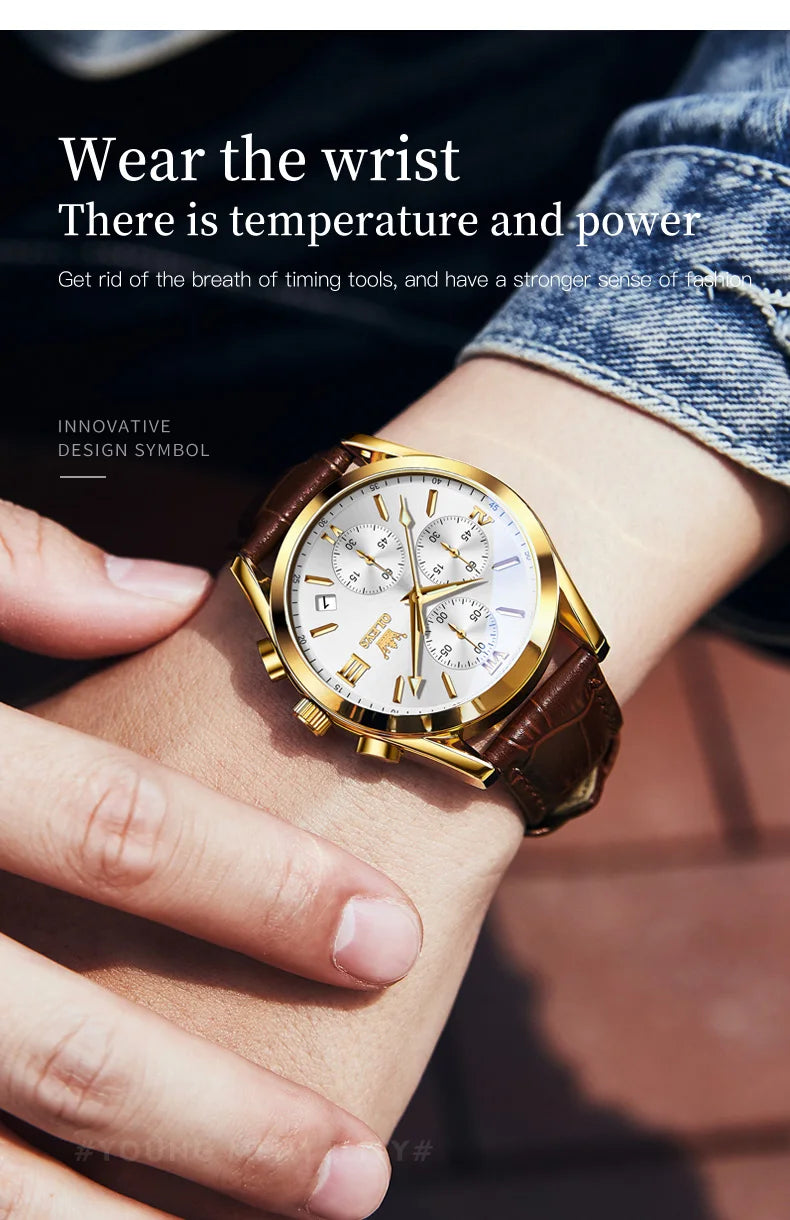 OLEVS 2872 Chronograph Men's Wristwatches Leather Strap Waterproof Luminous Original Quartz Watch for Men Luxury Sport Man Watch