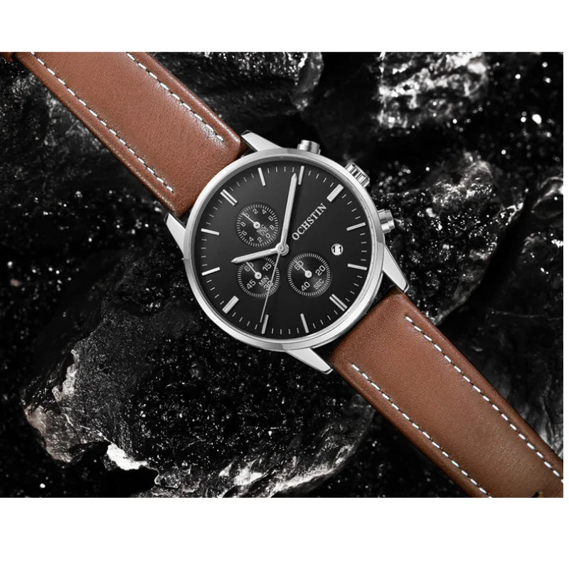 Quartz Watch for Man Multifunctional Chronography Series with 42mm Dial and 10mm Thickness Leather Strap Waterproof 3ATM