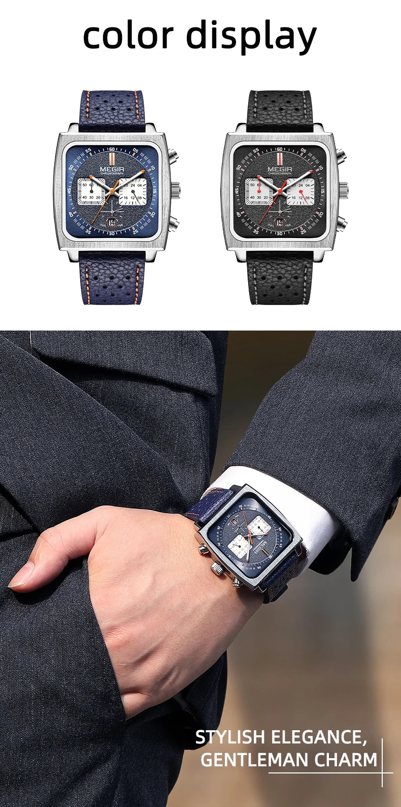 MEGIR Square Dial Chronograph Quartz Watches for Men Fashion Blue Leather Strap Casual Sport Wristwatch with Date 24-hour 2182