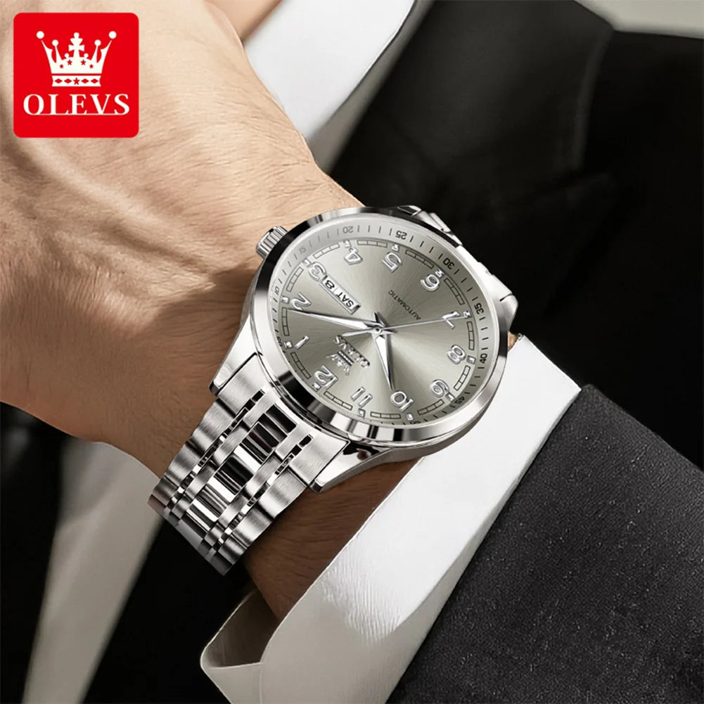 OLEVS Luxury Watch For Men automatic mechanical Wristwatches Classic Men Watch Waterproof Gray Dial Luxury Brand Date Week 7077