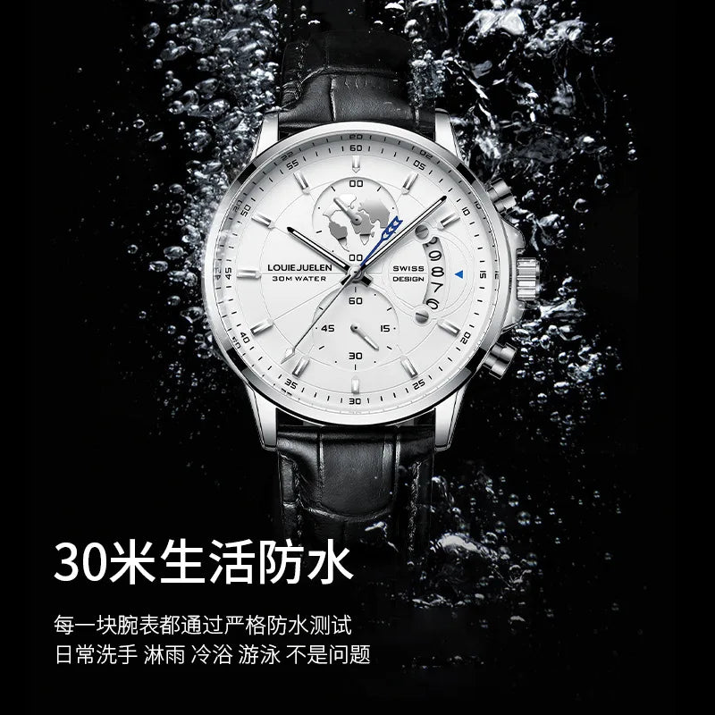 LOUIE JUELEN New Hot-Selling Men's Business Watch - Genuine Leather Strap Chronograph 3Eye Luminous Waterproof Quartz Wristwatch