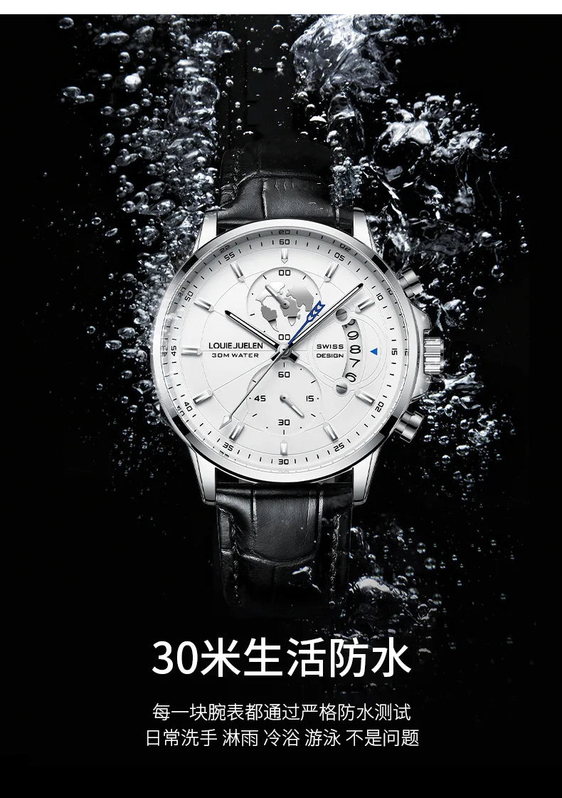 LOUIE JUELEN New Hot-Selling Men's Business Watch - Genuine Leather Strap Chronograph 3Eye Luminous Waterproof Quartz Wristwatch