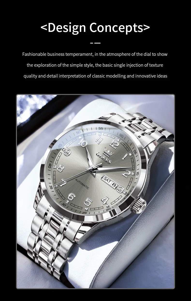 OLEVS Luxury Watch For Men automatic mechanical Wristwatches Classic Men Watch Waterproof Gray Dial Luxury Brand Date Week 7077