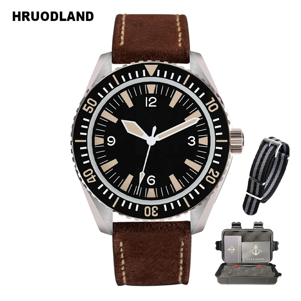 Hruodland Classic Retro Automatic Mechanical Men's Watches F025 Stainless Steel Brown Leather waterproof Luminous reloj hombre