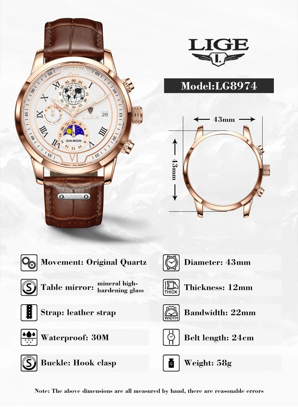 2025 LIGE Fashion Watch Men Sports Quartz Clocks Mens Watches Top Brand Leather Military Waterproof Date Watch Relogio Masculino