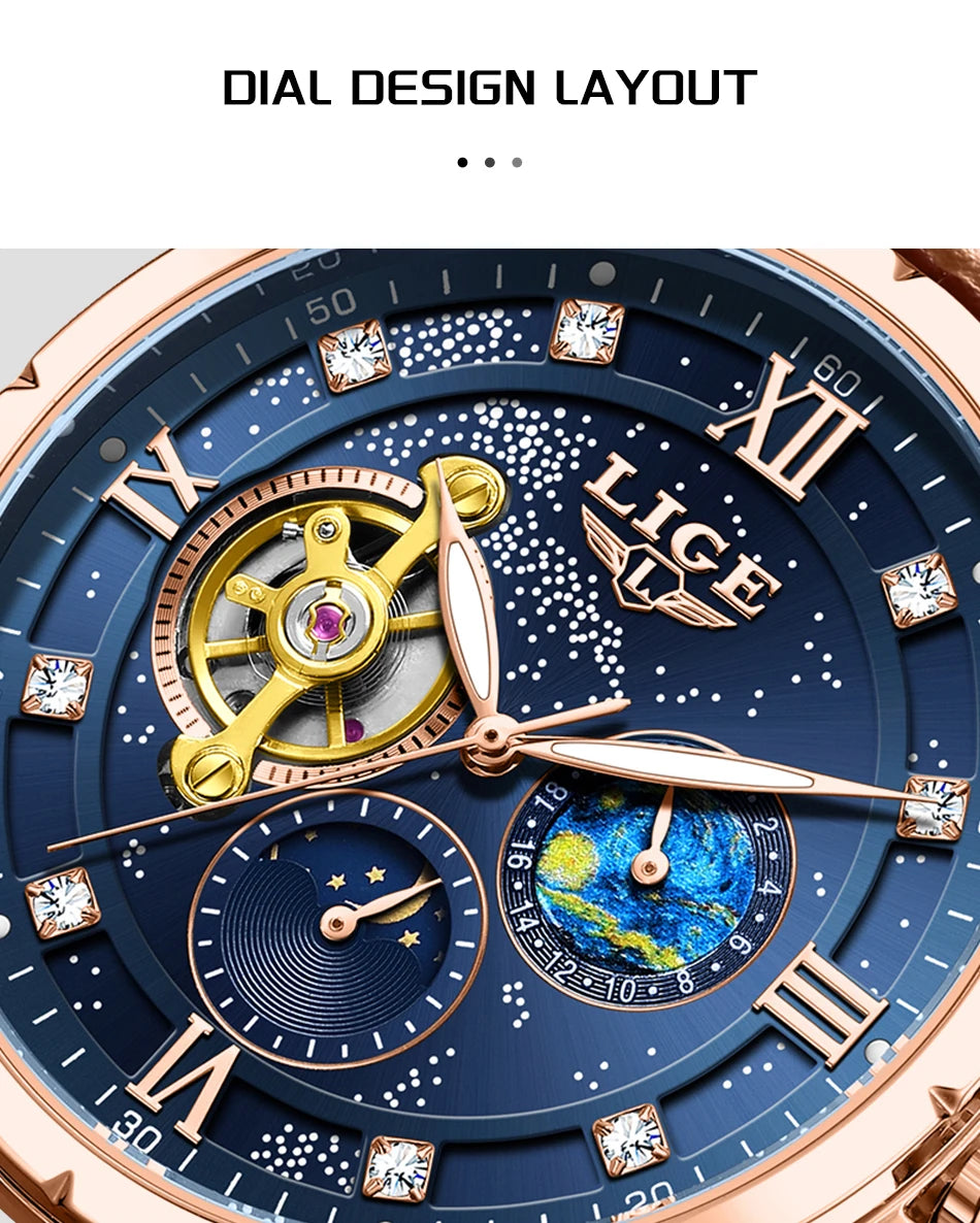 LIGE Top Luxury Mechanical Watches Men Fashion Diamonds Automatic Mens Watch 30M Waterproof Luminous Wristwatch Male Reloj 2026