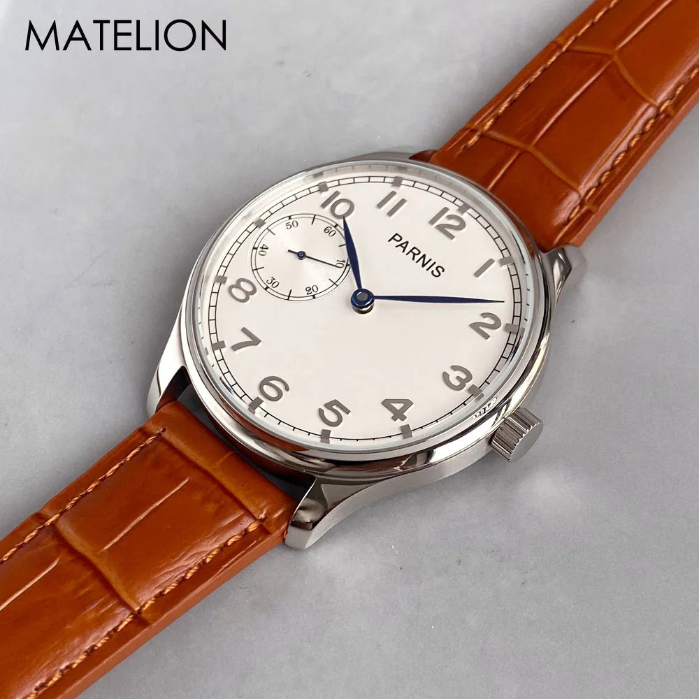 Retro Watch for Men Asia 6497 Hand Winding Movement Black White Mechanical Manual Winding Mineral Crystal 44mm Transparent Back