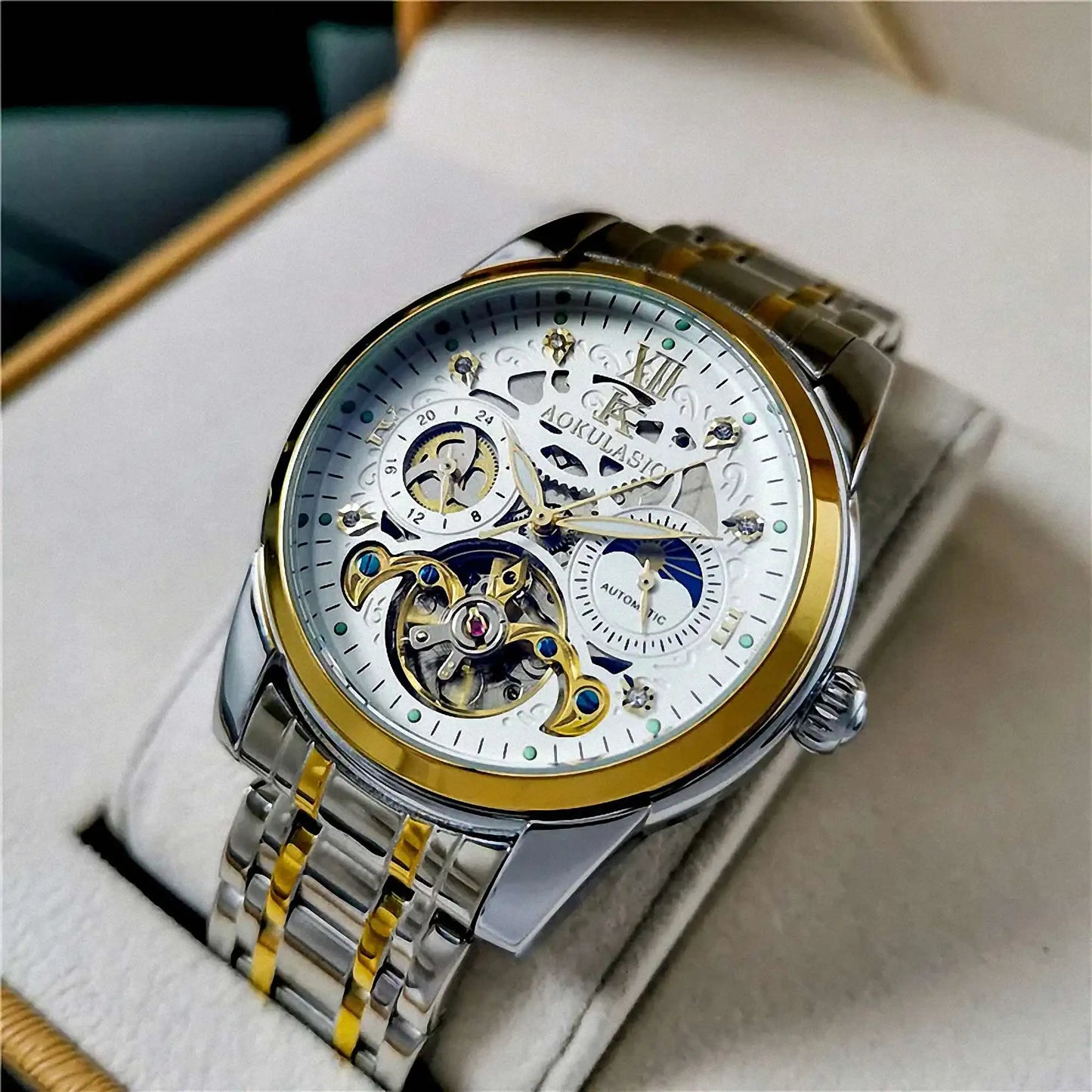 AOKULASIC Retro Tourbillon Mechanical Watch for Men Luminous Hands Business Automatic Mens Watches Top Brand Luxury Steel Strap