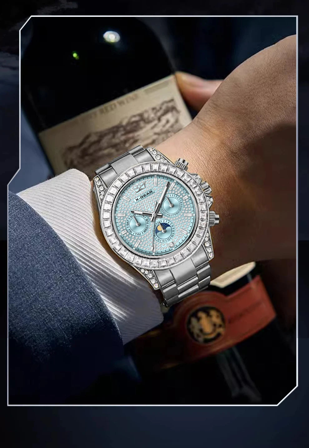 X-GEAR Men's Watch Automatic Mechanical with Diamond Dial Luminous Moon Phase Water-Resistant (Gift)