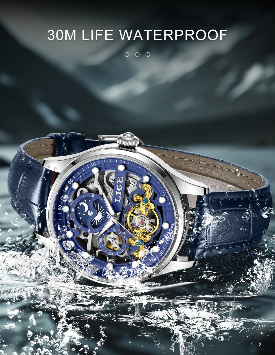 Reloj Hombre Watches Mens LIGE Top Brand Luxury Skeleton Tourbillon Automatic Mechanical Watch for Men Waterproof+Watch Box