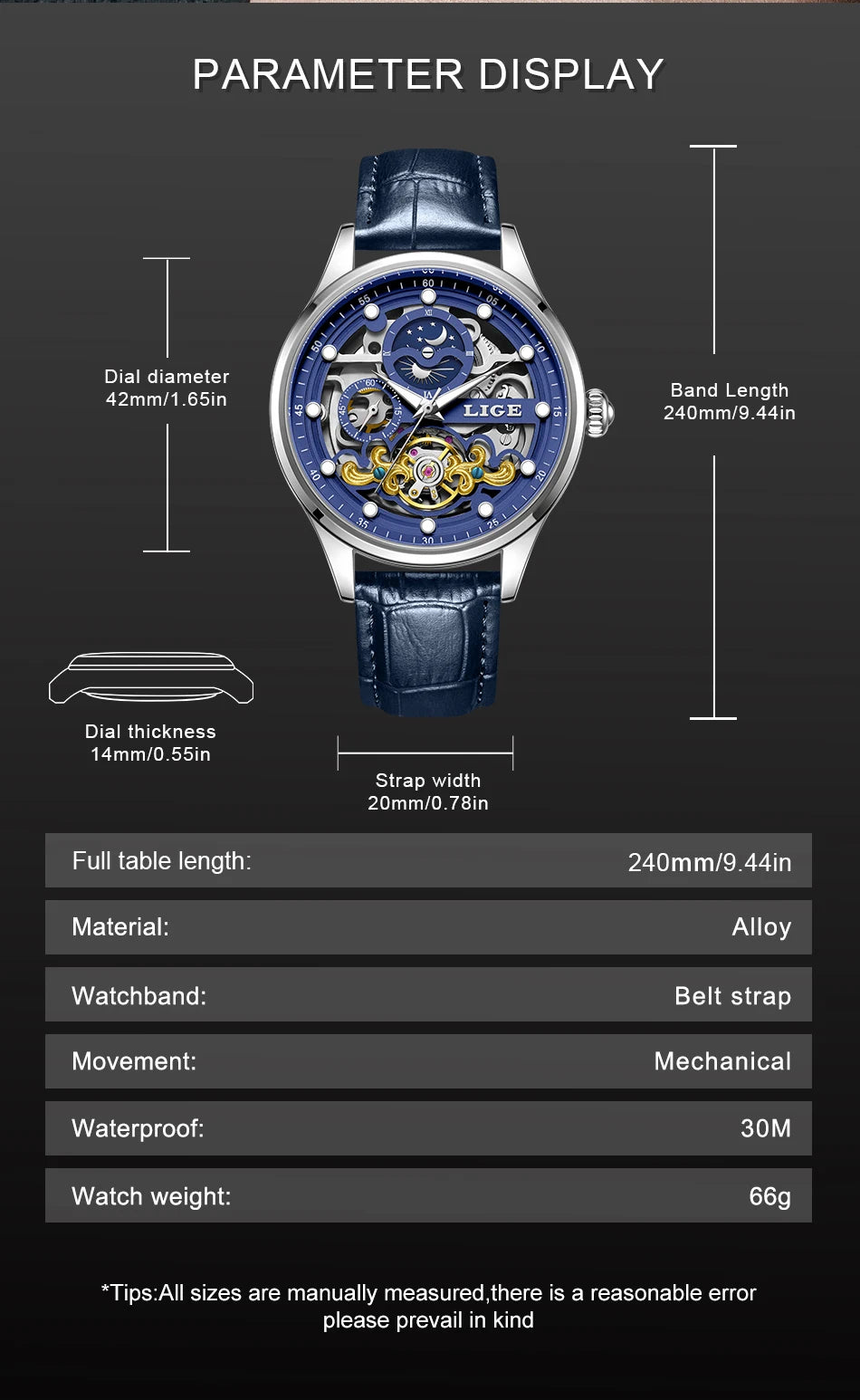 Reloj Hombre Watches Mens LIGE Top Brand Luxury Skeleton Tourbillon Automatic Mechanical Watch for Men Waterproof+Watch Box