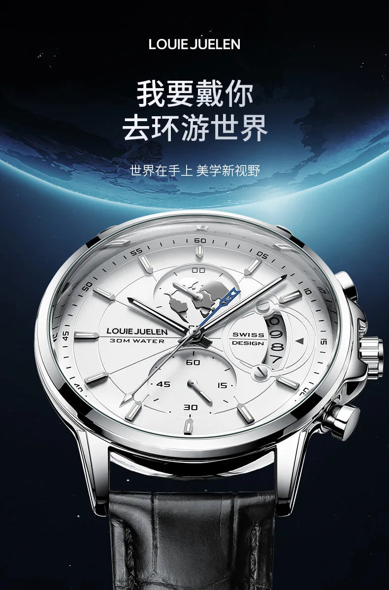 LOUIE JUELEN New Hot-Selling Men's Business Watch - Genuine Leather Strap Chronograph 3Eye Luminous Waterproof Quartz Wristwatch