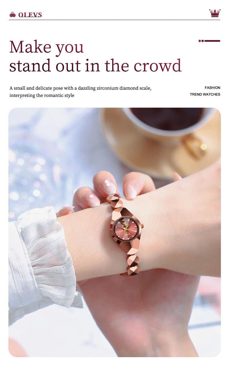 OLEVS 7007 Ladies Watches Original Quartz Wristwatch Rhombus Mirror Diamond Scale Tungsten Steel Watch for Women Bracelet Set