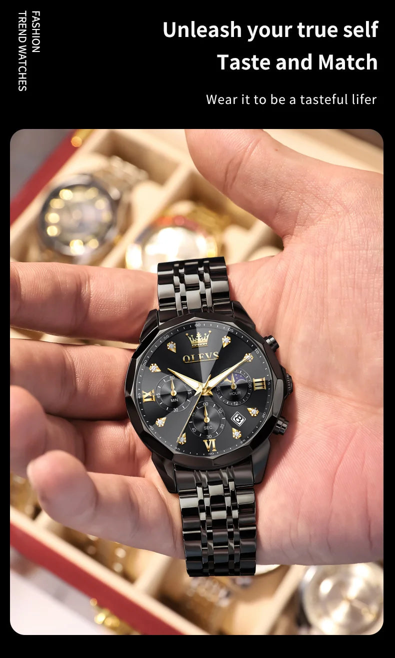 OLEVS 3670 Men's Watches Solid Steel Strap Rhombus Mirror 24Hour Moon Phase Waterproof Luminous Chronograph Quartz Watch for Men
