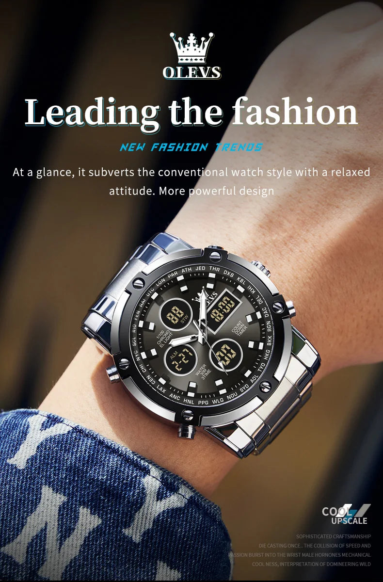 OLEVS 2024 New Mens Watches Top Brand Luxury Sport Digital Quartz Wristwatch For Men All Steel Military Waterproof Clock+Box