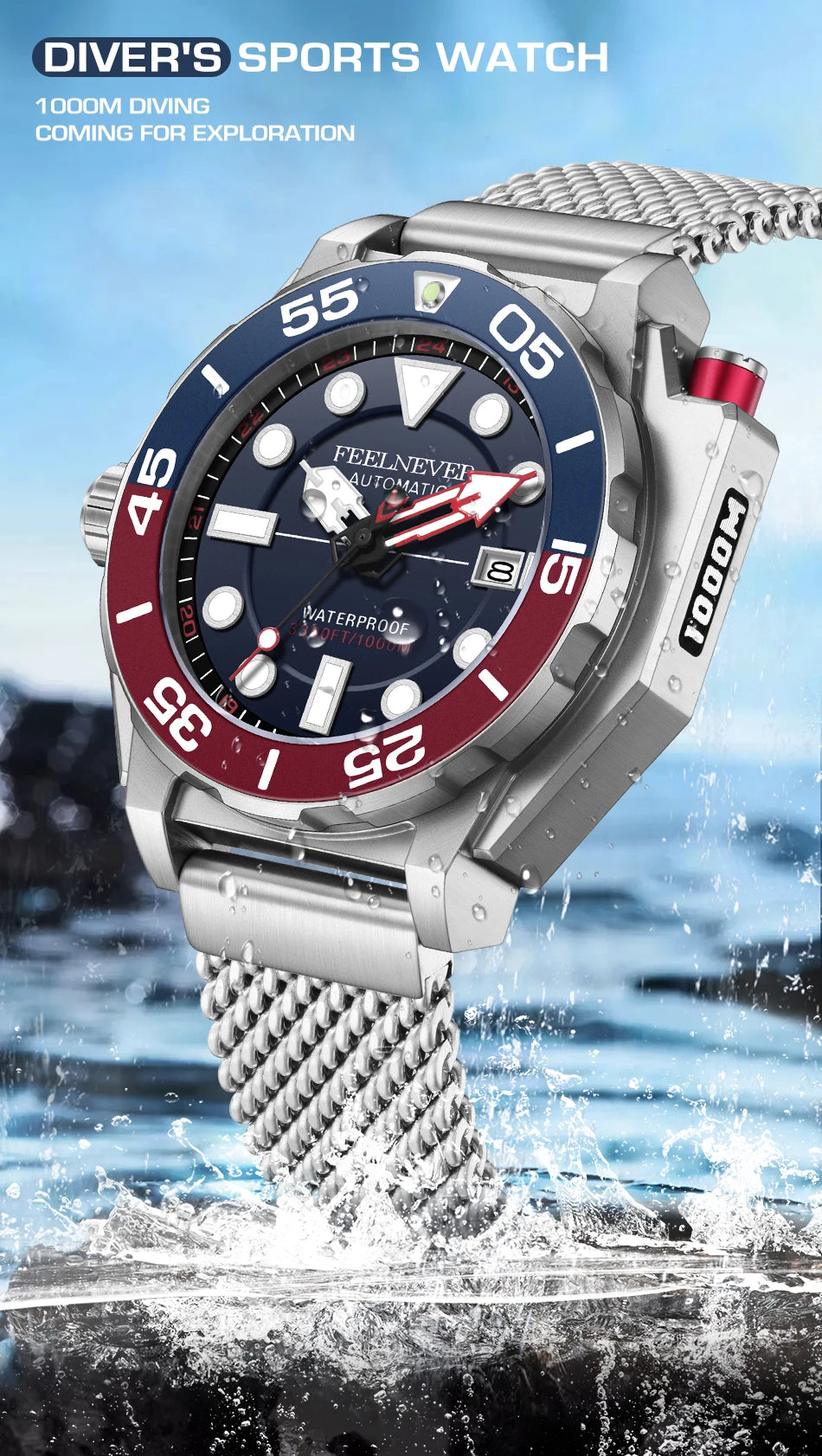 LIGE Top brand luxury watches mens automatic mechanical watch luminous large dial 1000M Gift waterproof relogios masculino+BOX
