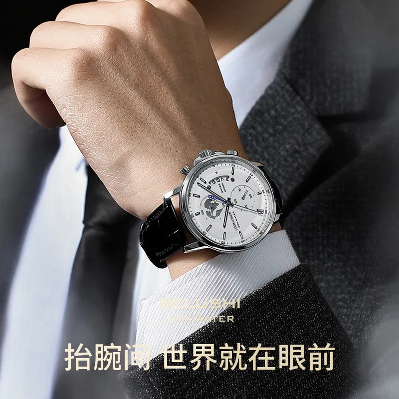 LOUIE JUELEN New Hot-Selling Men's Business Watch - Genuine Leather Strap Chronograph 3Eye Luminous Waterproof Quartz Wristwatch