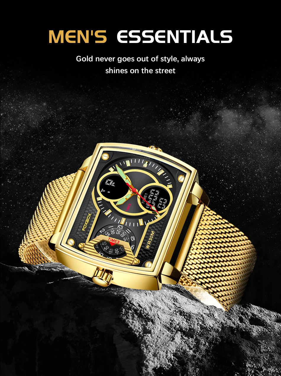 LIGE Top Brand Luxury Men Watch FOXBOX Fashion Square Watch Men Casual Sports Waterproof Double Display Watch Relogio Masculino