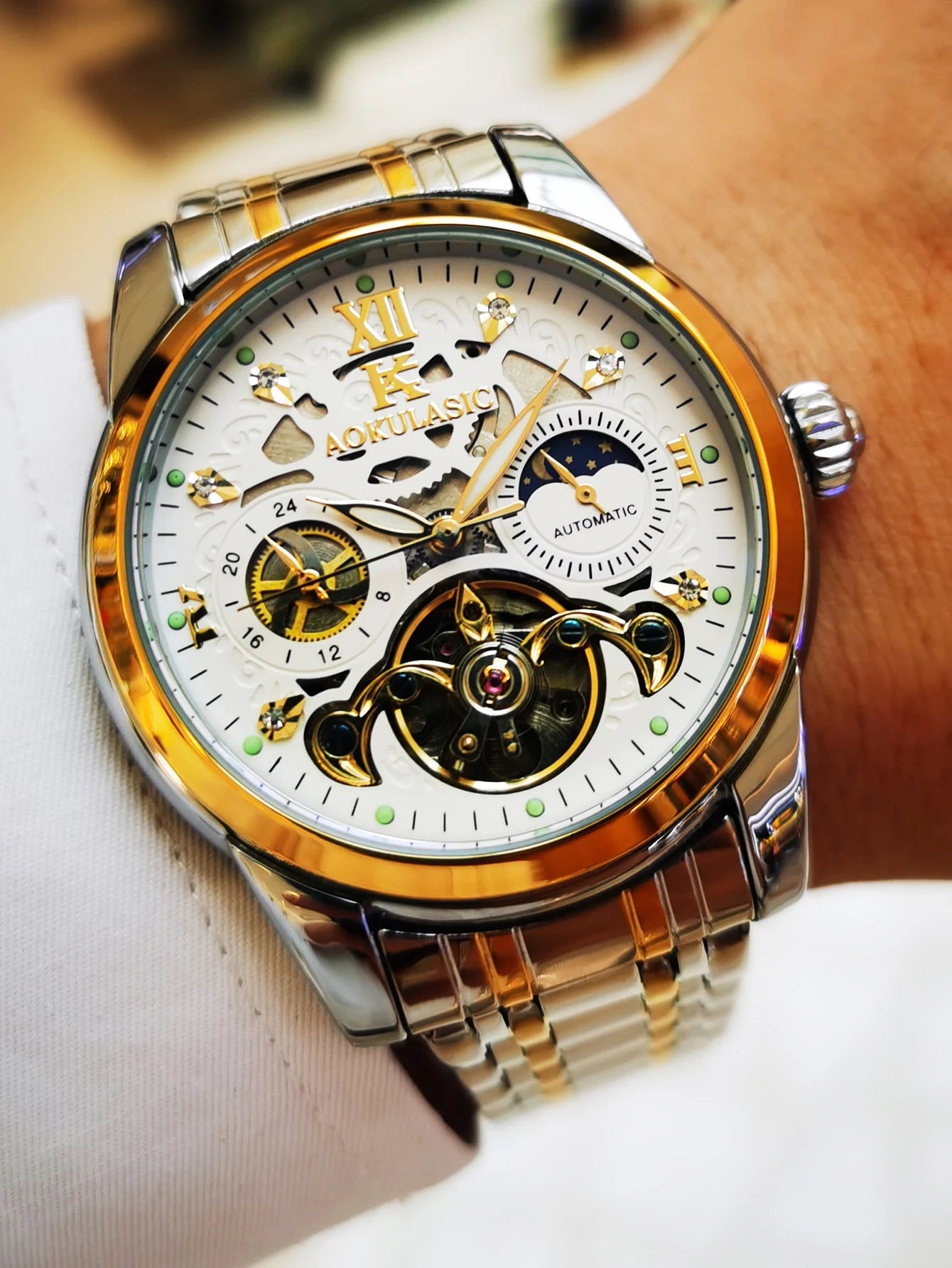 AOKULASIC Retro Tourbillon Mechanical Watch for Men Luminous Hands Business Automatic Mens Watches Top Brand Luxury Steel Strap