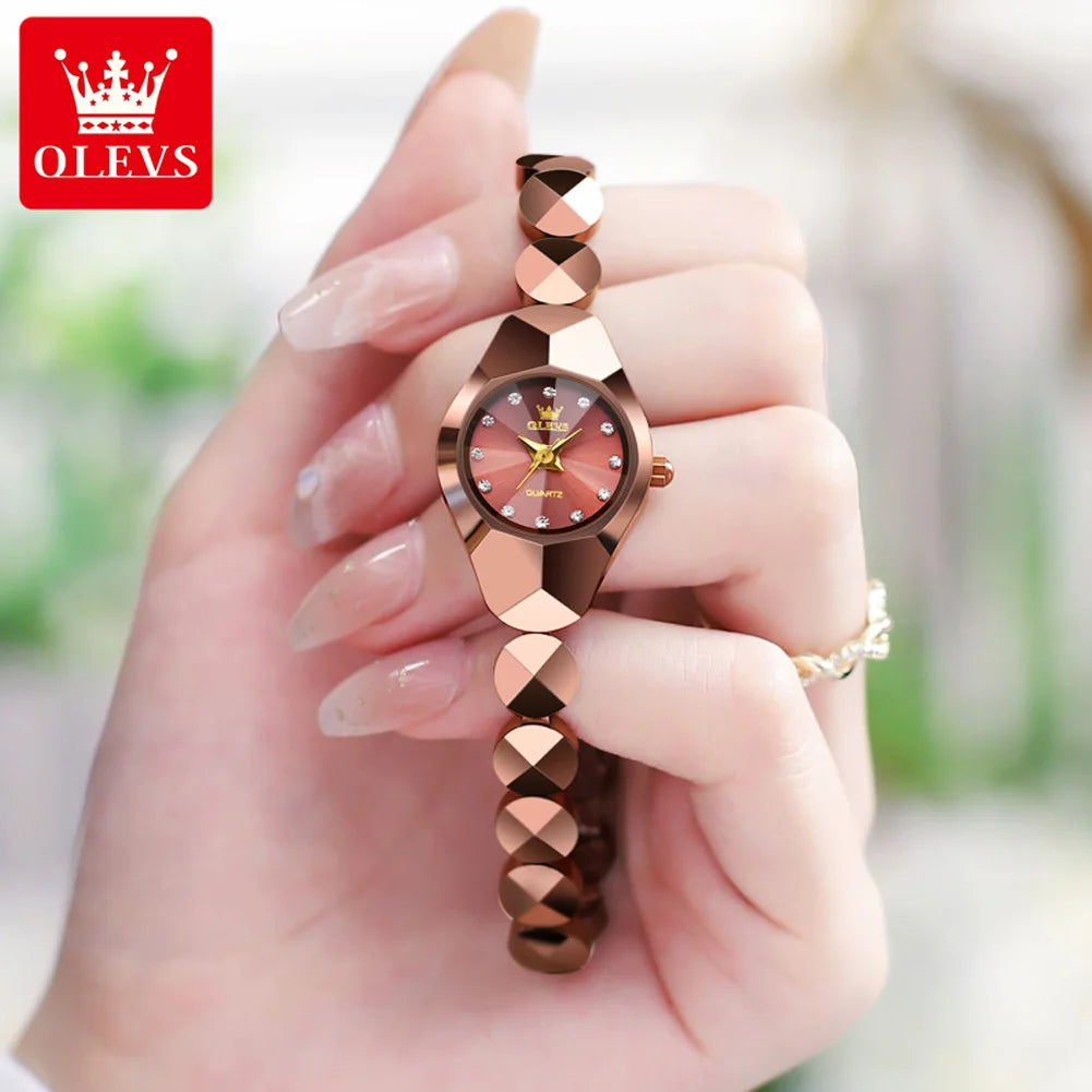OLEVS 7007 Ladies Watches Original Quartz Wristwatch Rhombus Mirror Diamond Scale Tungsten Steel Watch for Women Bracelet Set