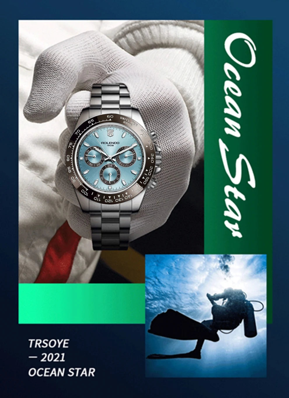 ROLENDO Luxury Men Automatic Diver Watch 40.5mm Mineral Crystal Luminous Date 300M Waterproof High-end Men's Wristwatch Gift