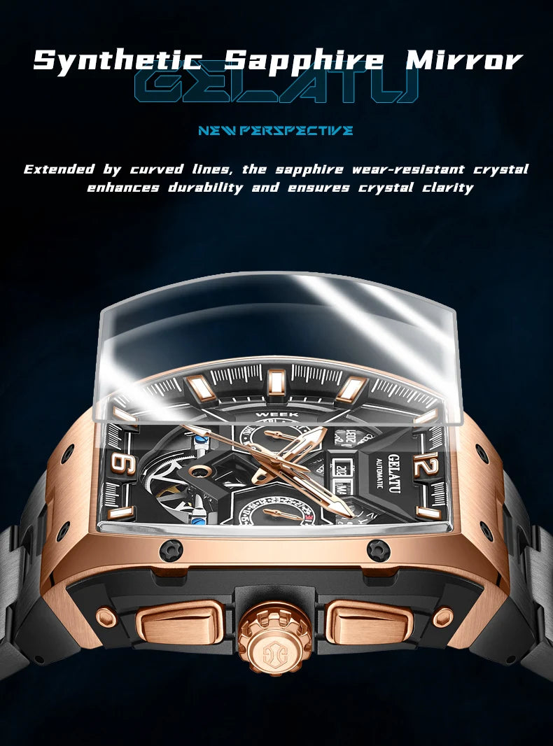 Reloj Hombre Watches Mens GELATU Top Brand Luxury Rose Black Skeleton Tourbillon Automatic Mechanical Watch for Men Waterproof