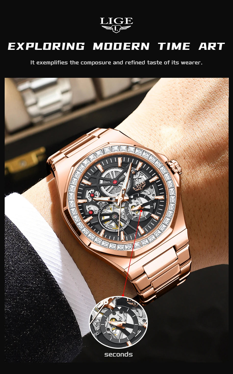 LIGE New Luxury Rose Gold Waterproof Watches For Men Casual Business Watch Men Luminous Automatic Men's Mechanical Wristwatch