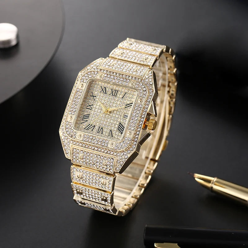 Classic Luxury Business Men's Steel Strap Square Roman Scale Rhinestone Quartz Watch Lesiure Male Wristwatch Relogio Masculino